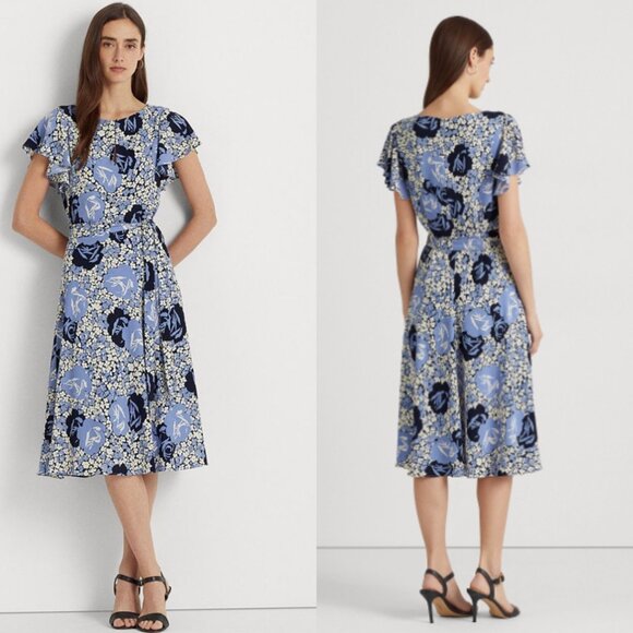 LAUREN RALPH LAUREN Blue Floral Pattern Belted Crepe Dress  Womens 14 Old Money - Picture 1 of 5